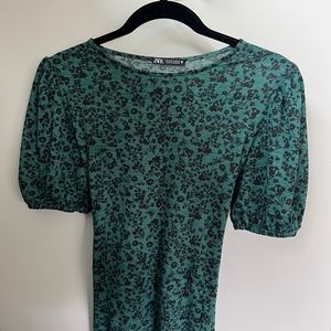 Zara Dress Size S Green with Black Flowers